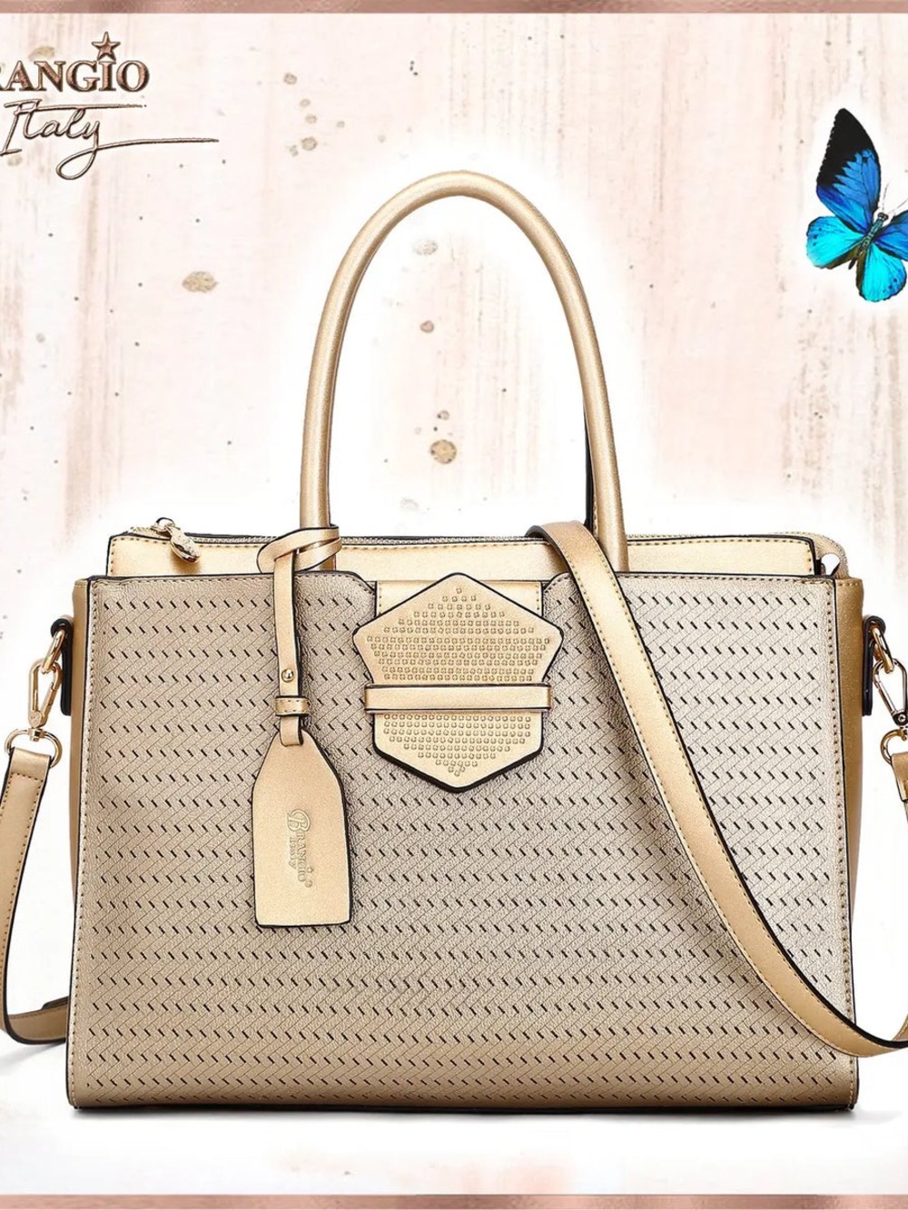 Brangio Italy Gold Perforated Handbag – Elegant Vegan Leather Satchel